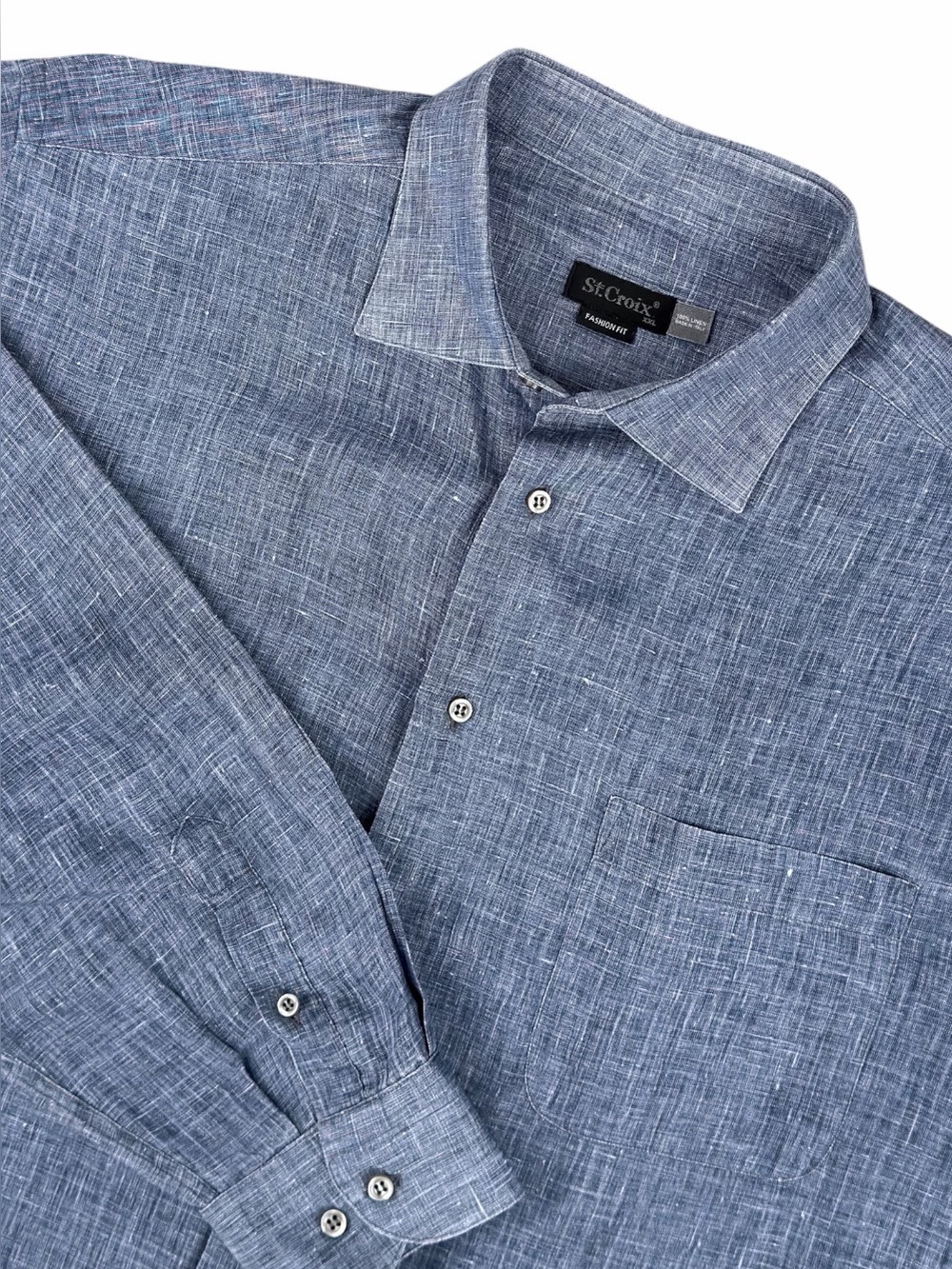 St. Croix Men's XXL 100% Linen Shirt Blue Crosshatch Long Sleeve Fashion Fit